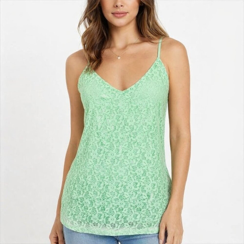 NWOT Gracie Lined Floral Lace Overlay Racer Back V Neck Feminine Mint Green S
